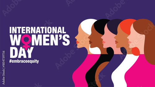 Diverse group of women profiles celebrate International Womens Day with an embrace equity message
