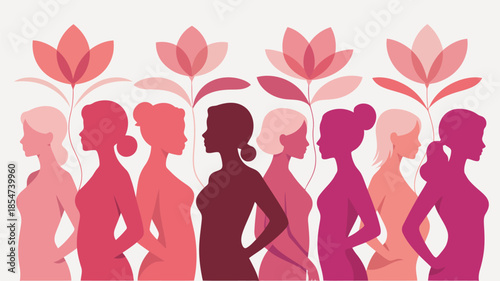 Diverse women profiles in pink and red tones stand together under stylized large flowers with stems