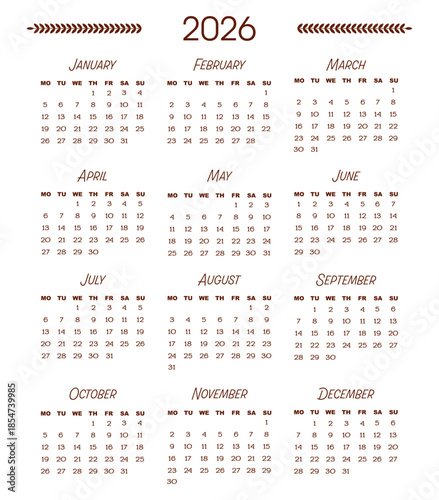 2026 yearly calendar with all months on one page. Clean minimal design with clear dates and week layout. Perfect for wall print planner office home and stationery use.