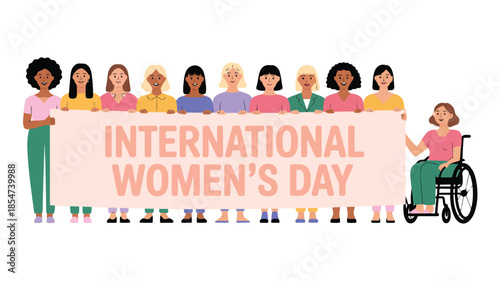 Diverse women united holding a large banner celebrating International Womens Day with smiles