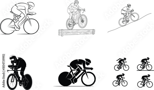 Cyclist riding bicycle in various poses and terrain