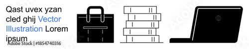 Education, technology, business tools, digital learning, corporate setups, productivity. Icons of a briefcase, books and laptop. Education and technology concepts illustrated
