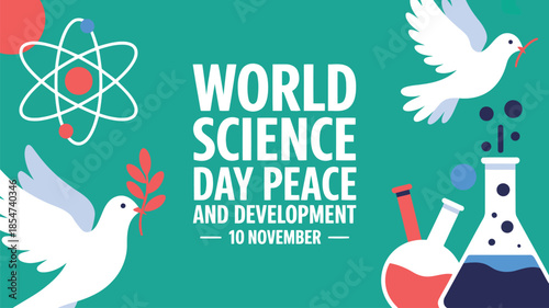 Doves of peace, scientific beakers, and an atom symbol celebrate World Science Day
