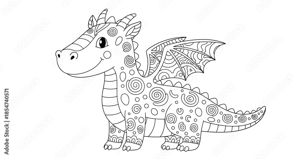 Fototapeta premium Intricate dragon line art illustration featuring complex spiral patterns on its body and wings, perfect for adult coloring books and fantasy art.