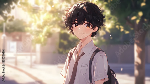 A Sweet Anime Boy Portrait, Wearing School Uniform Looking at Camera Softly