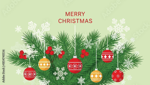 Merry Christmas festive holiday decoration with ornaments and snowflakes