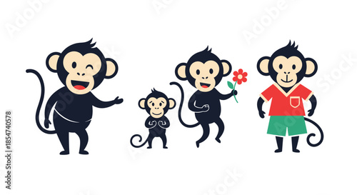 Set of four cute monkey characters in various poses including one holding a flower and another wearing a red shirt and green shorts.