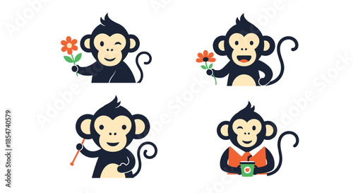 Collection of four cute monkey characters in various activities like holding flowers, winking, and drinking from a cup for children themes.