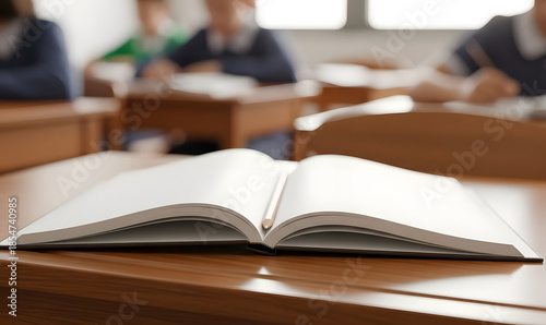Open notebook on a wooden desk in a classroom with students in the background