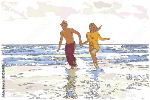 Sketch-style impressionnist painting,Teenage boys and girls are running on the beach,Digital illustration vector image 