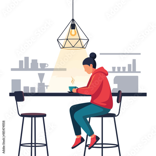 Woman enjoying a quiet moment drinking coffee in a modern cafe setting