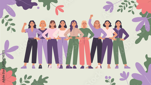 Empowered diverse women stand together in confident poses surrounded by decorative leaves and flowers