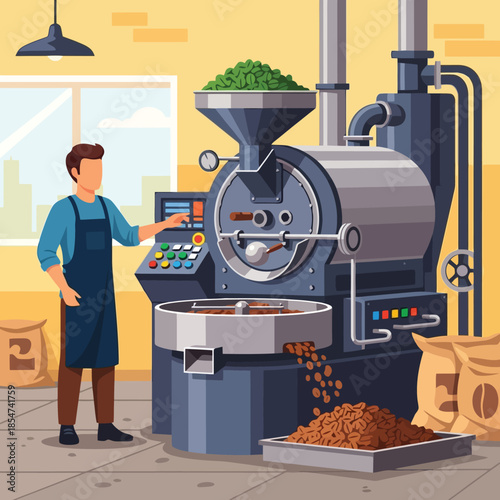 Professional barista roasting coffee beans in a modern factory setting