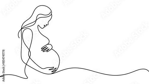  Minimal pregnant woman line art illustration isolated on white background, continuous line maternity and motherhood concept symbol for pregnancy care, family, health and design use