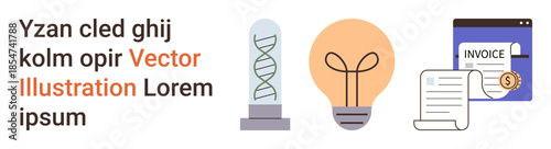Science, innovation, financial management, business analysis, technology, documentation. DNA strand, lightbulb and an invoice form. Science and innovation visuals for education or business