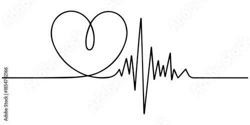Heart cardiogram continuous one line drawing minimalism design.one line  vector illustration  with out background, Heartbeat pulse line ending in a heart symbol an ECG rhythm and love sign minimalist.