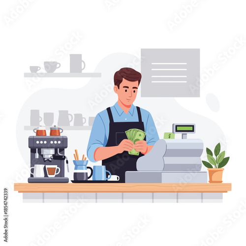 Friendly barista counting cash at a modern coffee shop register stand