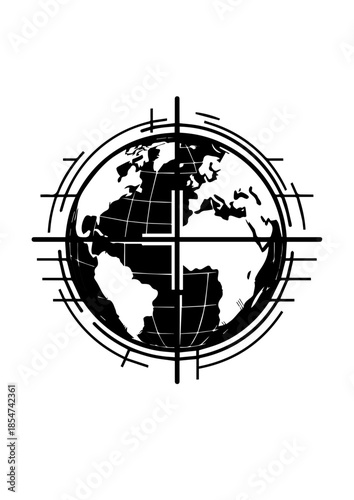 Earth with Rotation Angles in Black and White Showing Global Axis, Latitude and Longitude Concept