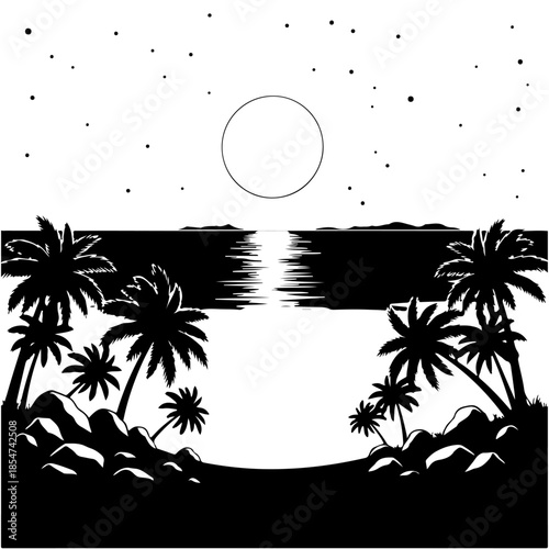 Moonlit tropical night scene with palm tree silhouettes by the ocean, reflecting the full moon's glow on the calm water surface, a serene monochrome landscape vector art