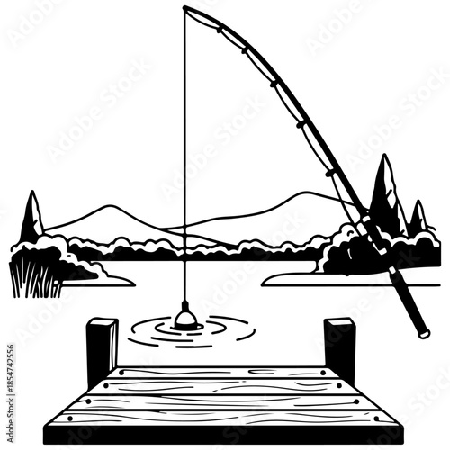 Fishing rod casting a line into calm lake water from a wooden dock with trees and mountains in the background, outdoor leisure activity