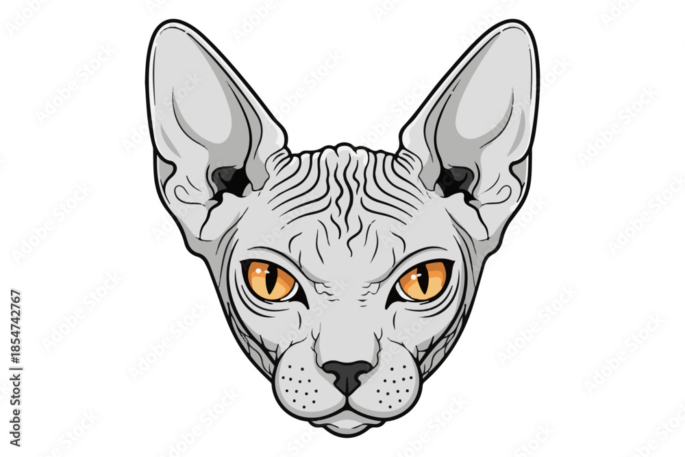 Fototapeta premium Close-up illustration of a Sphinx cat's face with striking orange eyes and distinctive wrinkled skin