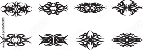 Tribal designs showcased in a collection of intricate black patterns and shapes on a white background