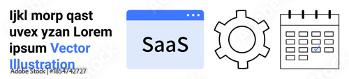 Software interface with SaaS label, gear representing configuration, and calendar for planning. Ideal for technology, productivity, SaaS products, scheduling, business tools, software solutions