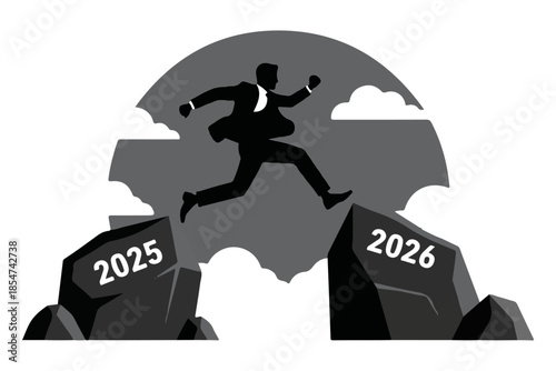 Dynamic businessman leaping over a chasm between 2025 and 2026, symbolizing a bold transition into the future and overcoming challenges for success and growth