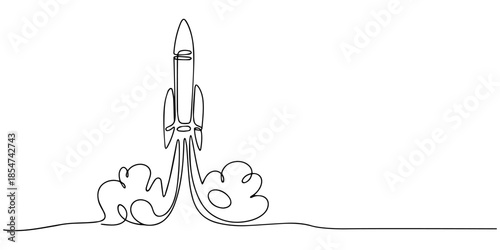 Rocket launch icon in one continuous line minimalist style isolated on white background, Continuous single line rocket drawing Spacecraft Launch, Startup, Innovation, Rocket space ship launch into.