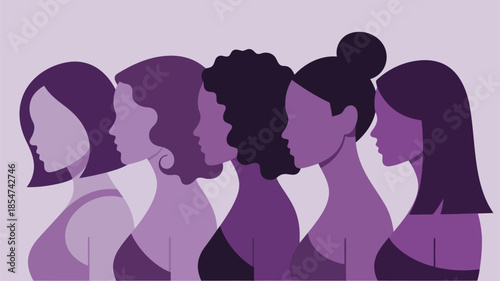 Five diverse women standing in profile showing unity and strength in shades of purple