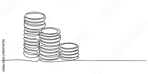 Stacks of coins penny cents. Continuous one line drawing, Stacks of coins of different heights, cents, pennies one line art. Continuous line drawing of bank, money, finance, financial, payment, data.