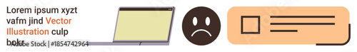 Digital communication, user feedback, tech issues, online messaging, emotional response, virtual interaction. A laptop, sad face emotion and message icon tech problems and user feedback. Digital