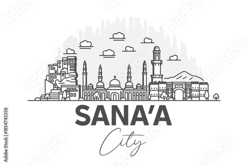Sanaa, Yemen architecture line skyline illustration with shadows. Linear vector cityscape with famous landmarks, city sights, design icons.
