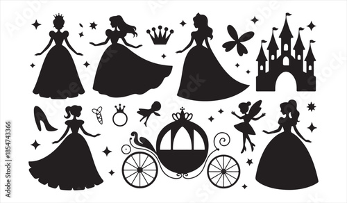 Vector icon pack of fairytale elements including princesses, fairy, wand, castle and glass slipper