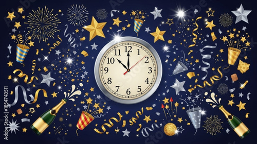 Midnight celebration with clock striking twelve, surrounded by festive fireworks, stars, champagne bottles, and party horns on a dark background with gold and silver