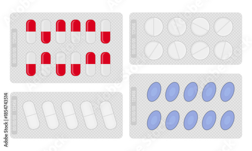 Pharmaceutical blister packs set isolated on white. Vector illustration of capsules and tablets for pharmacy branding, medical packaging mockups, healthcare infographics, drug prescription concepts