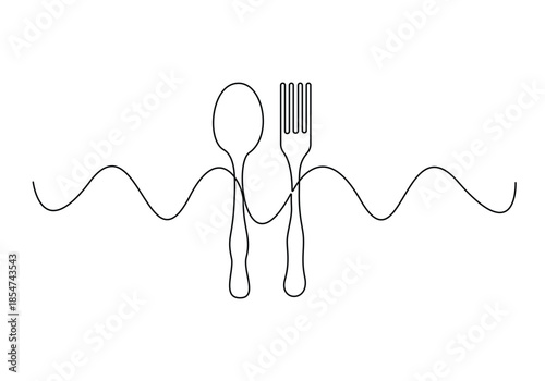  Continuous one line art drawing fork and spoon vector illustration