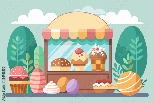 Cute vector illustration of ice cream stand with colorful desserts cupcakes and sweets in pastel flat style outdoor scene