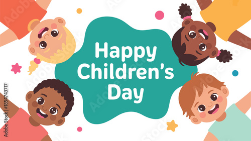 Four diverse happy cartoon children look up celebrating with colorful confetti and stars on white