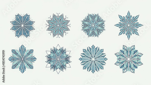 Eight unique intricate blue snowflakes on white background for winter designs