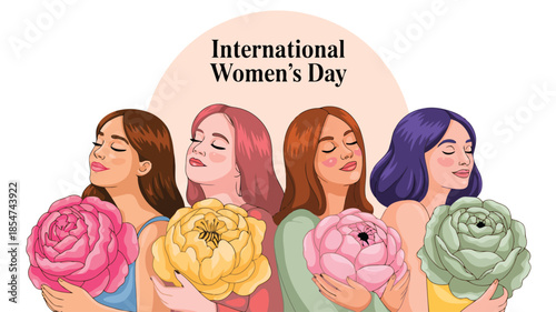 Four diverse women gently hold large colorful peonies to celebrate International Womens Day