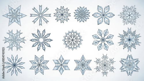 Collection of intricate ice snowflakes in various shapes and designs on white background, winter weather elements, frosty crystals