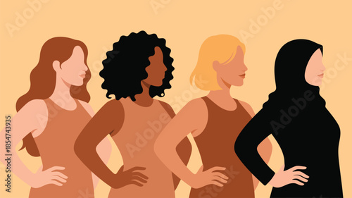 Four diverse women stand together in profile representing unity and strength in a modern minimalist style
