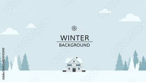 Snowy winter scene with house trees and clouds in light blue background