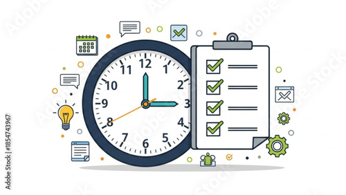 A clock surrounded by productivity icons and a checklist on a clipboard, representing time management and organization