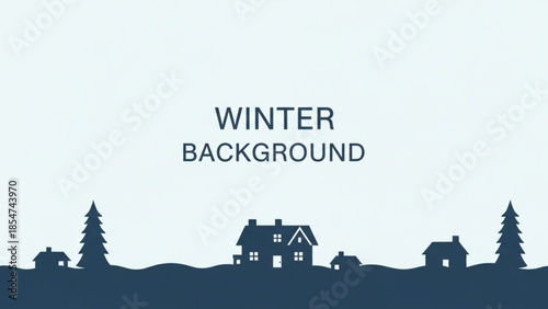 Winter background with house and trees silhouette on hills