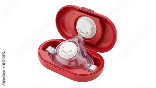 Clear protective mask with white filter in red case
