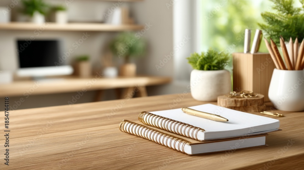 Fototapeta premium Cozy Office Supplies Flat Lay with Notebooks, Pens, Plants, and Natural Decor