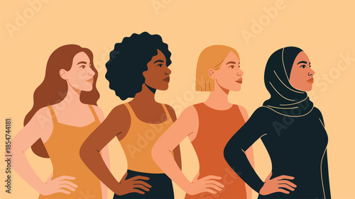 Four diverse women stand together looking right with hands on their hips in unity