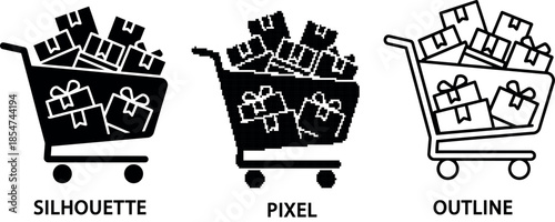 Three shopping cart icons in silhouette outline and pixel styles displayed